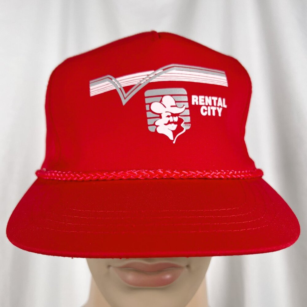 Vintage 90s Rental City Adult OS Red White Retro Logo Rope Snapback Hat Cap